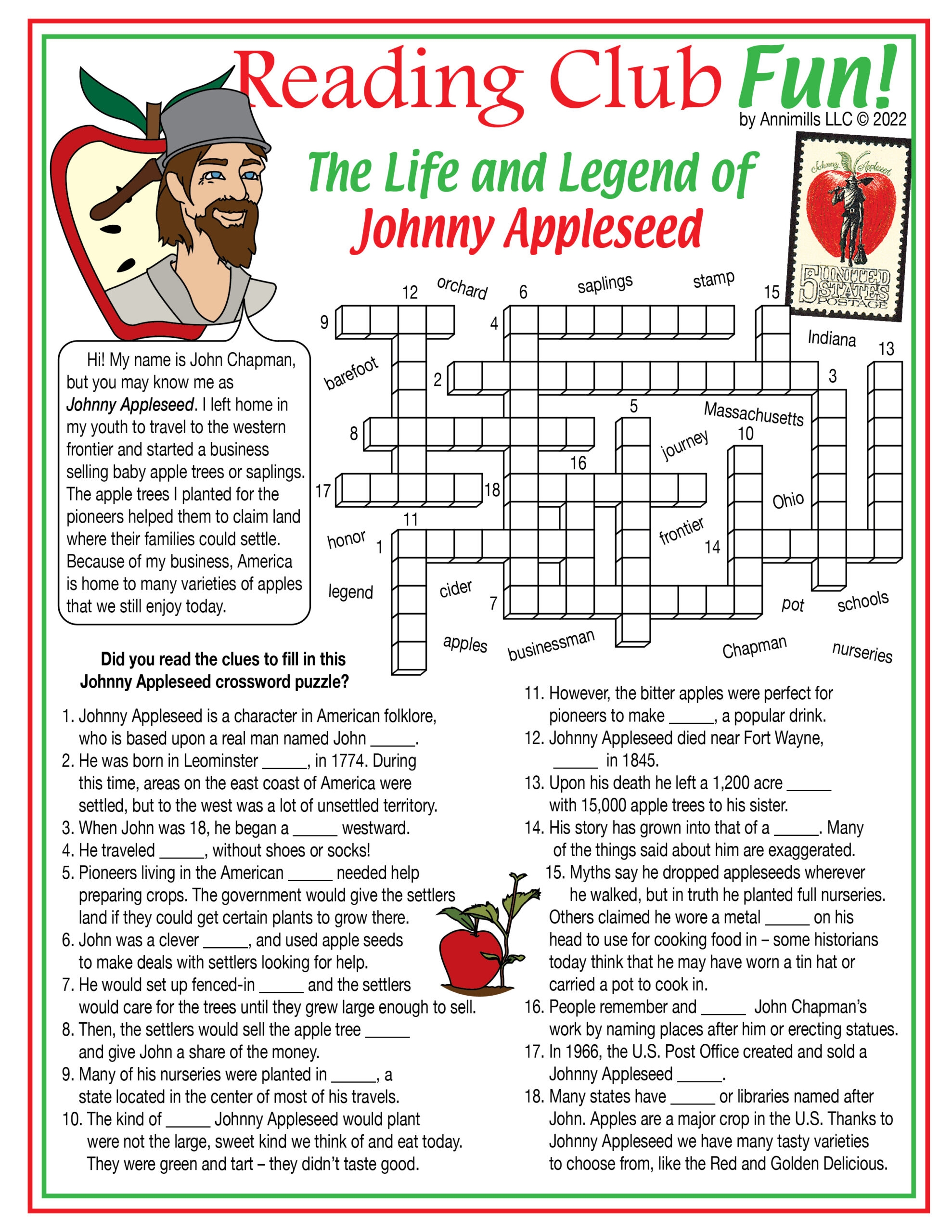 Johnny Appleseed Crossword And Word Search Puzzles Made By Teachers