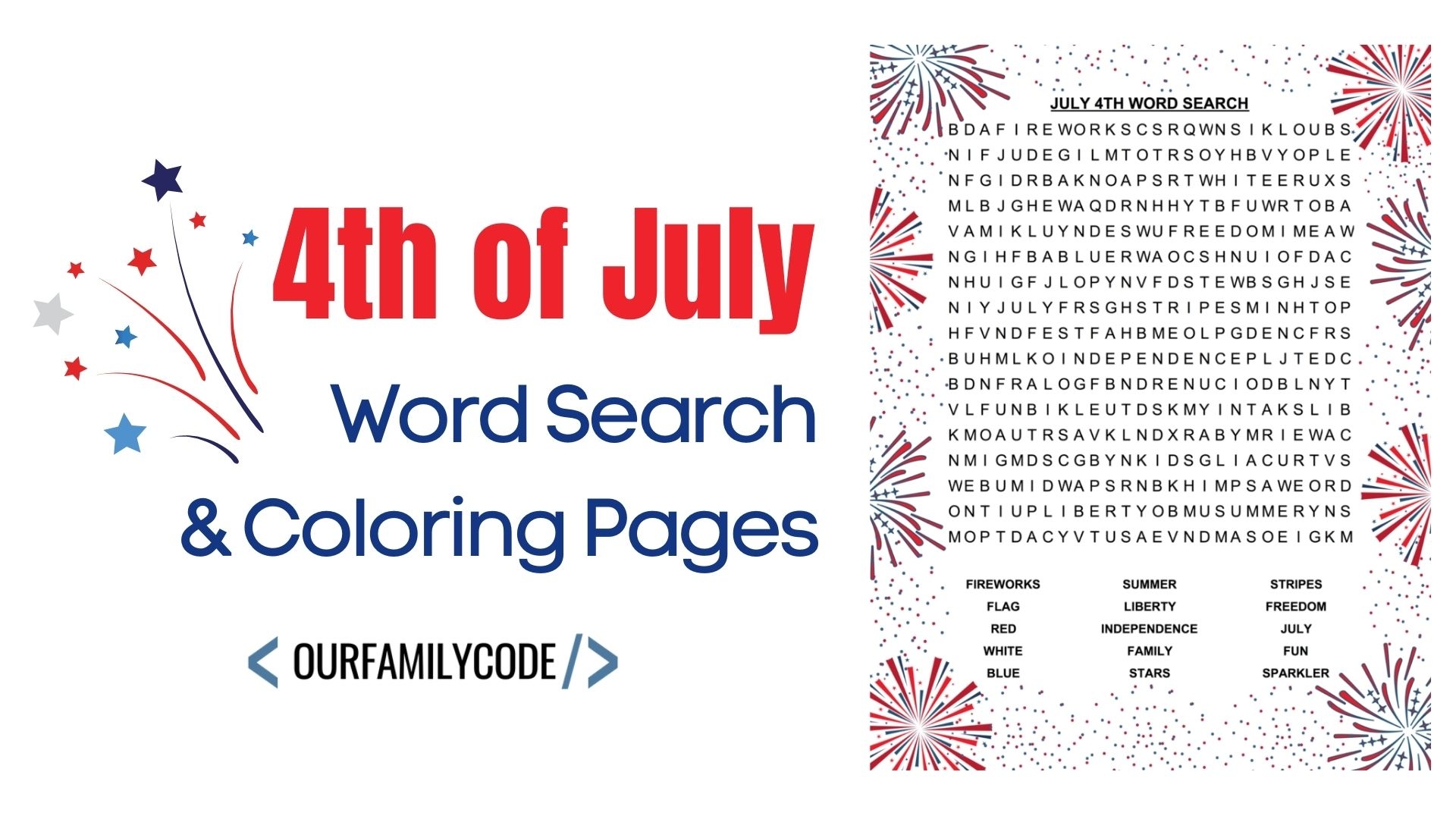 July 4th Word Search And Fireworks Coloring Pages Our Family Code