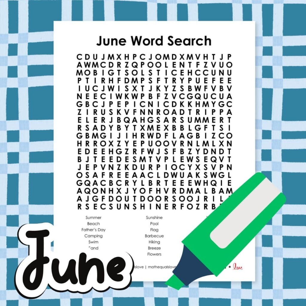 June Word Search Puzzle Math Love