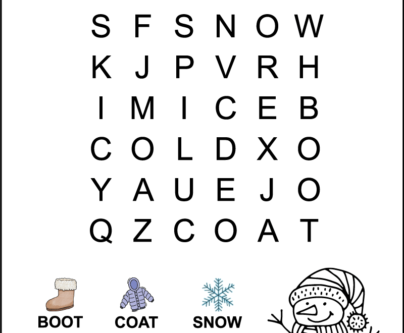 Kindergarten Winter Word Search Tree Valley Academy
