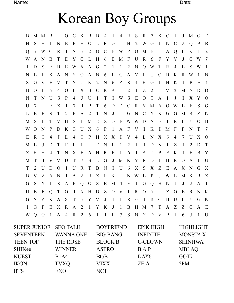 Kpop Boy Bands Word Search WordMint