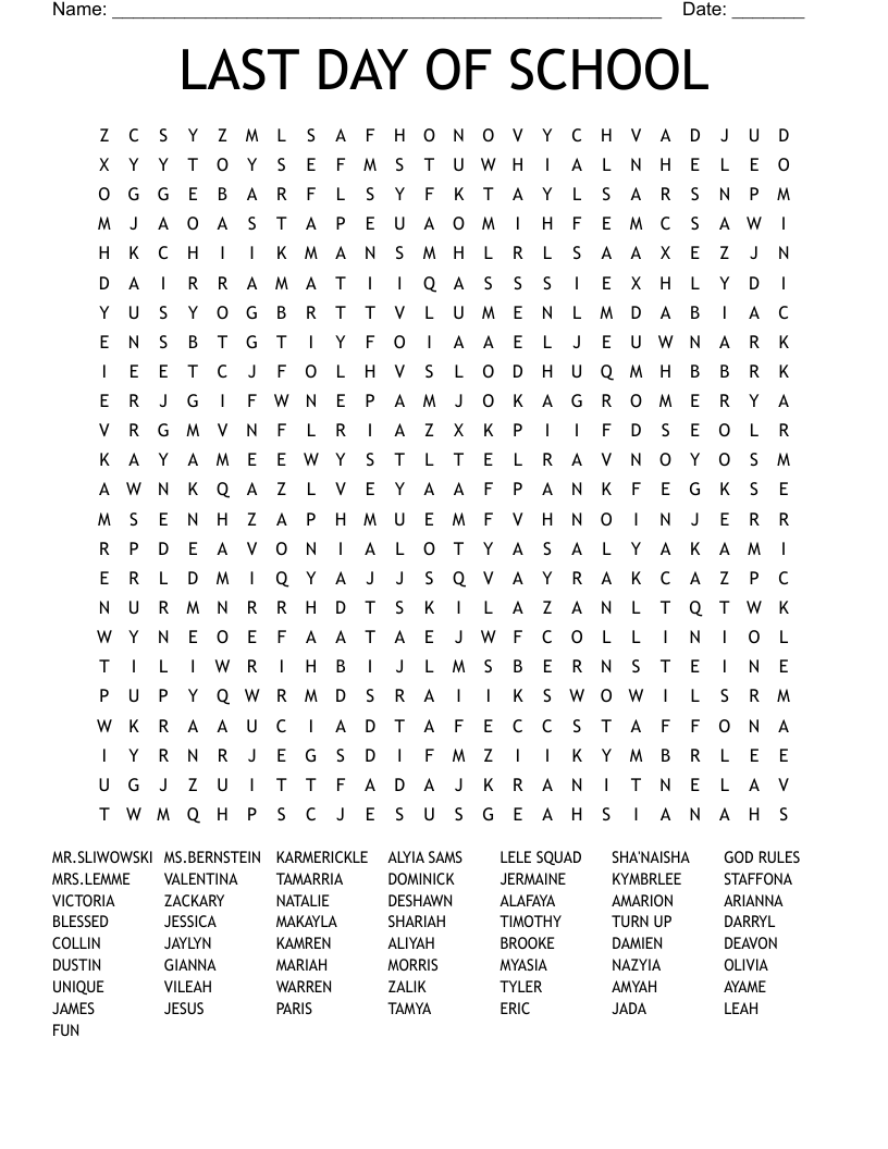LAST DAY OF SCHOOL Word Search WordMint