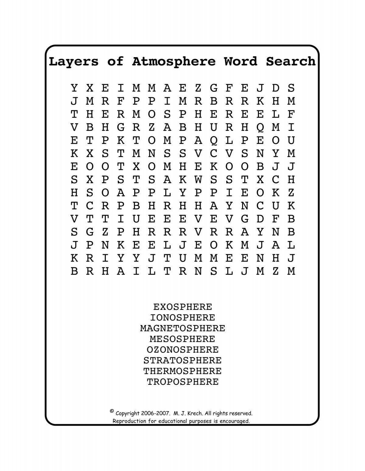 Layers Of Atmosphere Word Search