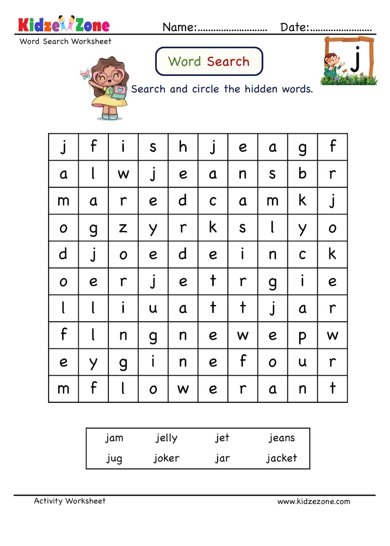 Letter J Word Search Grid Worksheet KidzeZone