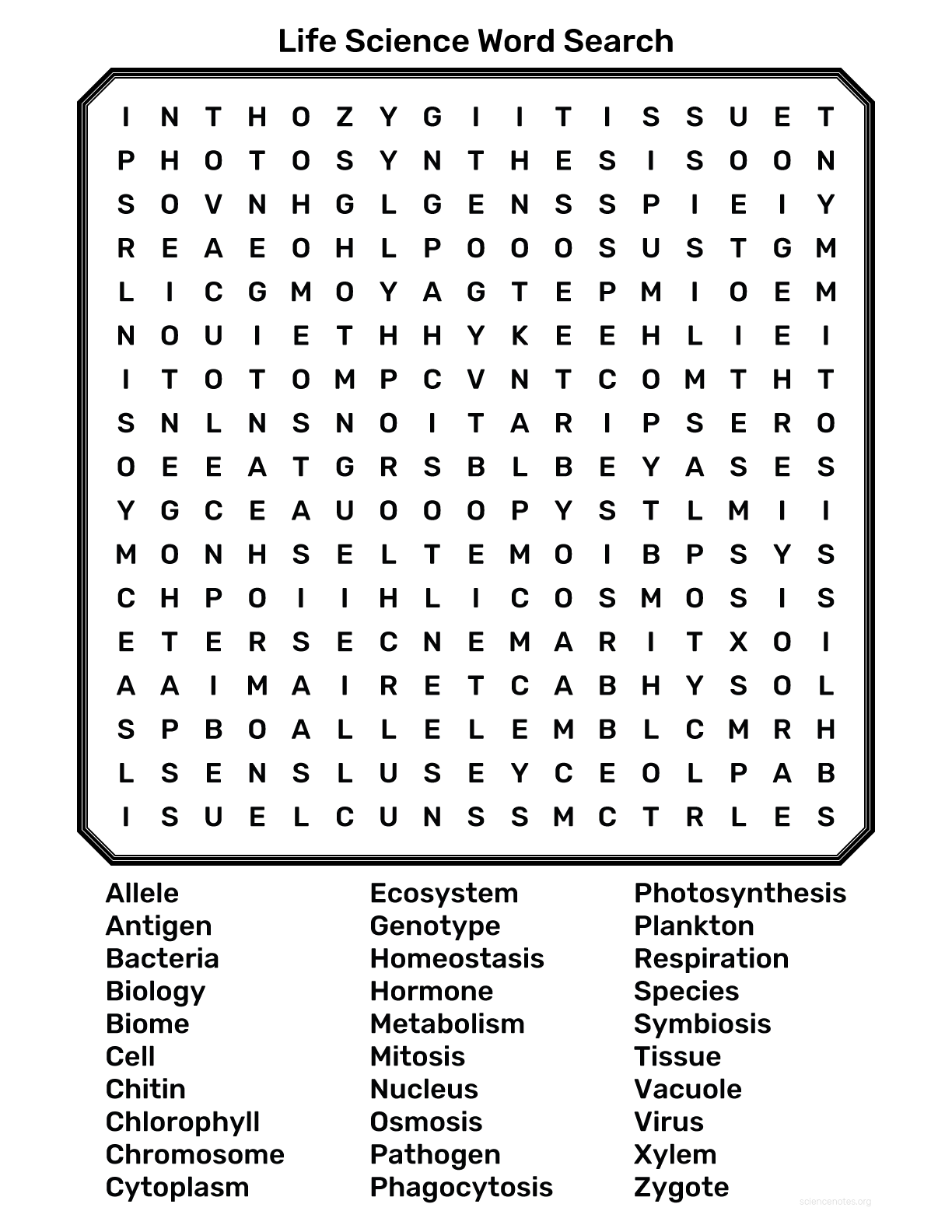 Life Science Word Search Life Science Word Search