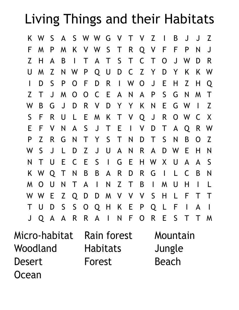 Living Things And Their Habitats Word Search WordMint