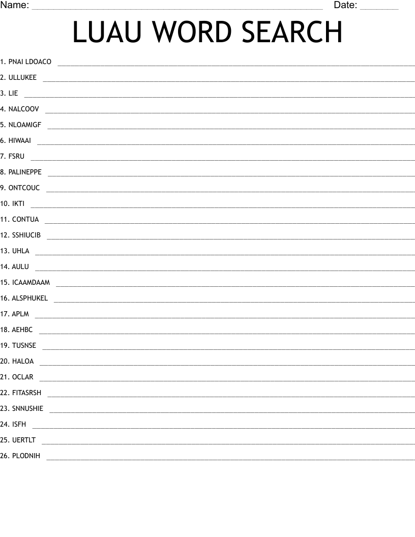 Luau Word Search Printable