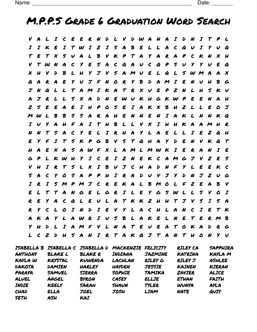 M P P S Grade 6 Graduation Word Search WordMint