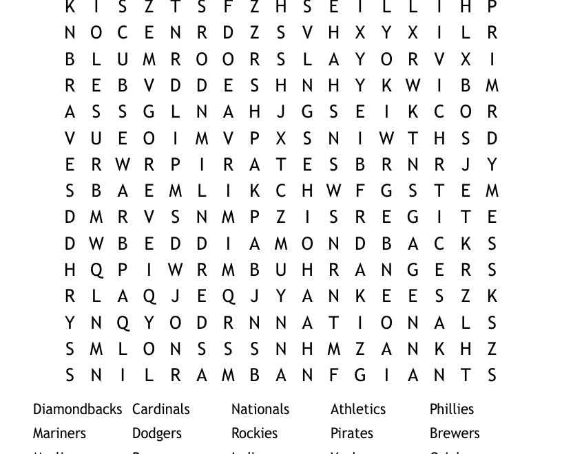 Major League Baseball Teams Word Search WordMint