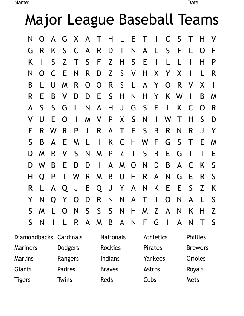 Major League Baseball Teams Word Search WordMint