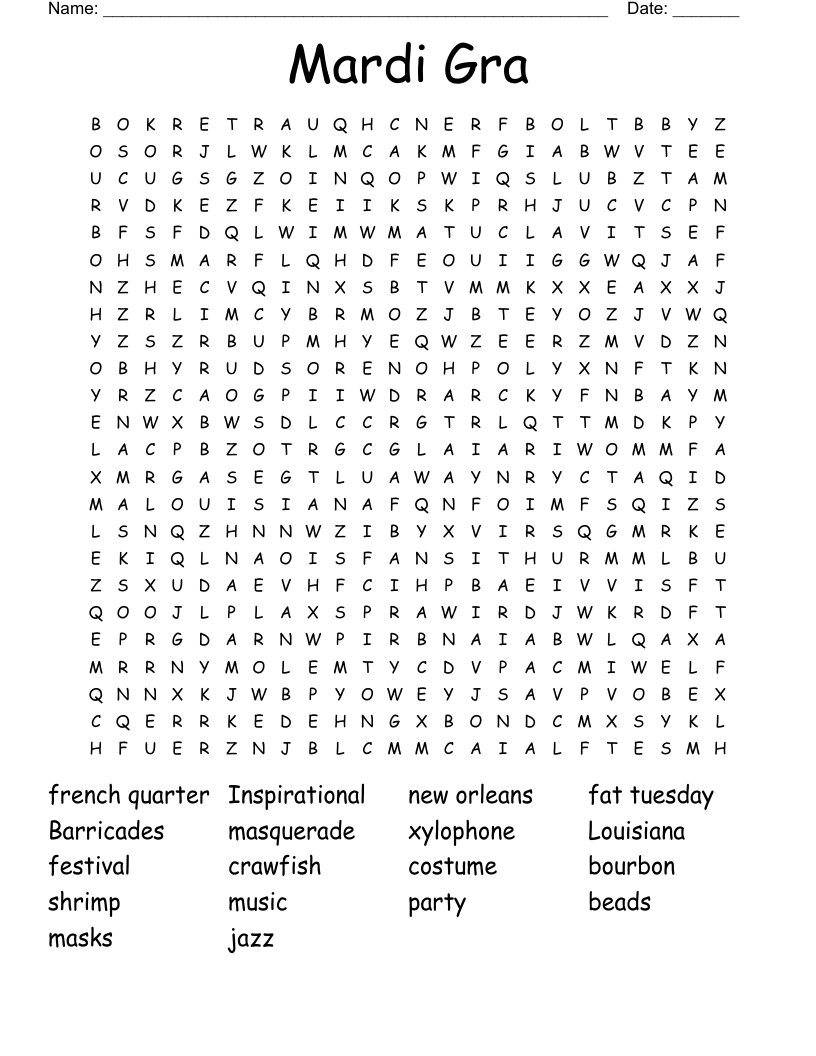 Mardi Gra Word Search WordMint