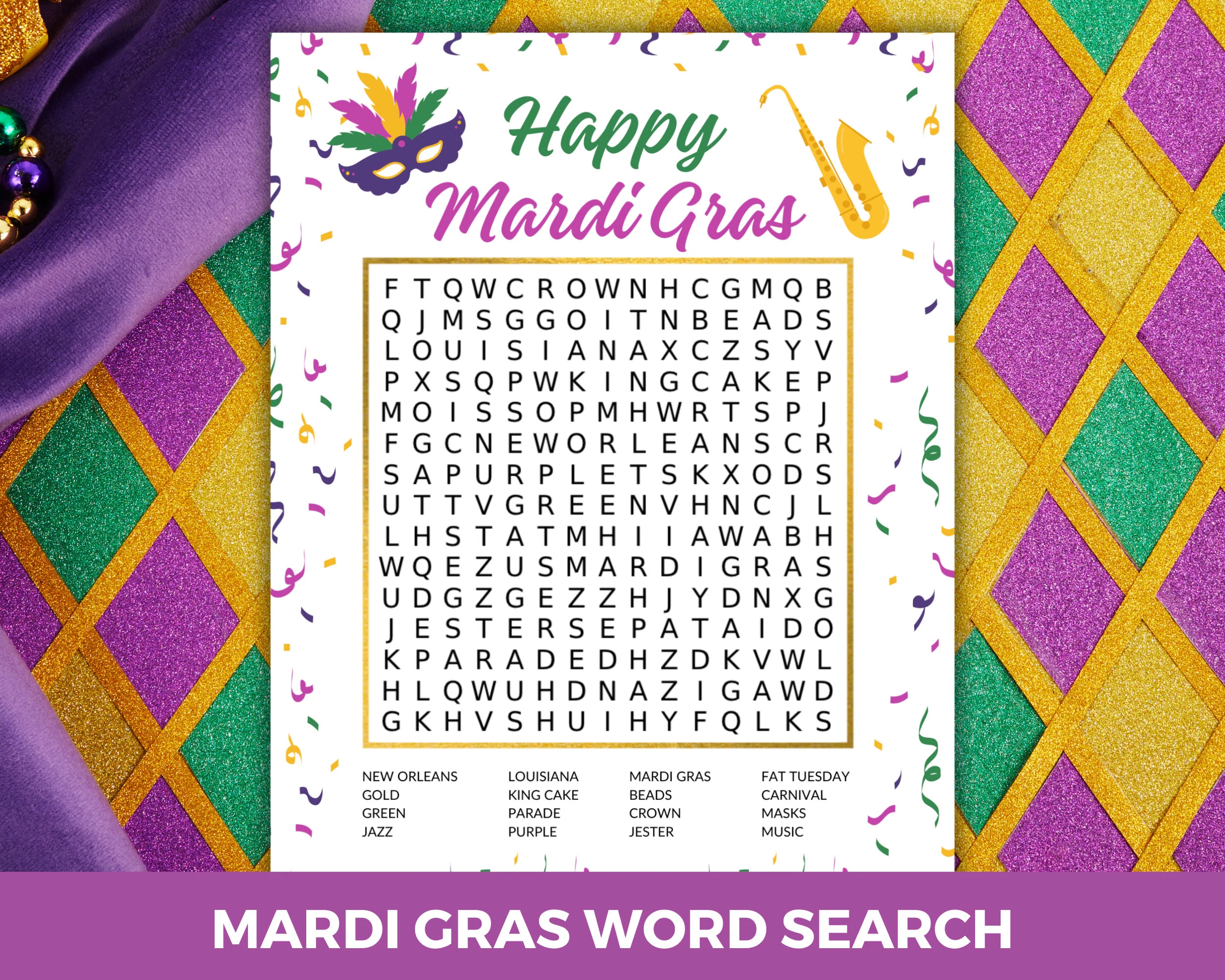 Mardi Gras Word Search Fat Tuesday Party Game New Orleans Word Game Mardi Gras Party Activity Printable Mardi Gras Activity Page Etsy