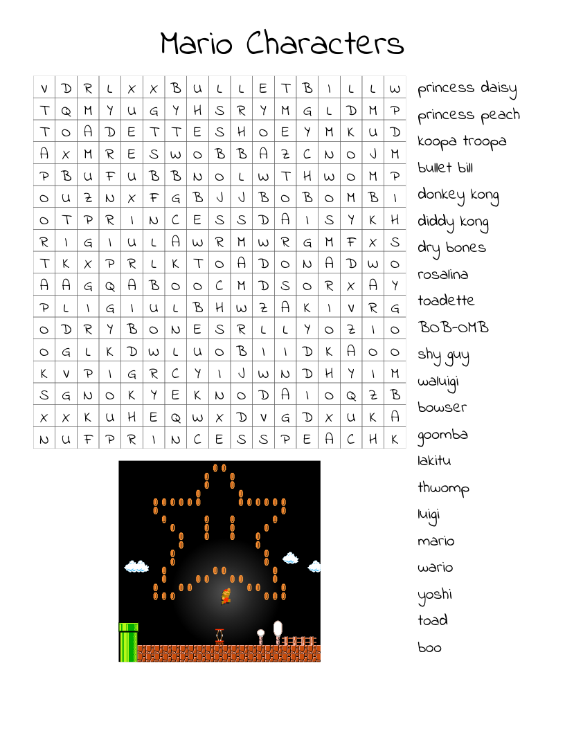 Mario Characters Word Search WordMint