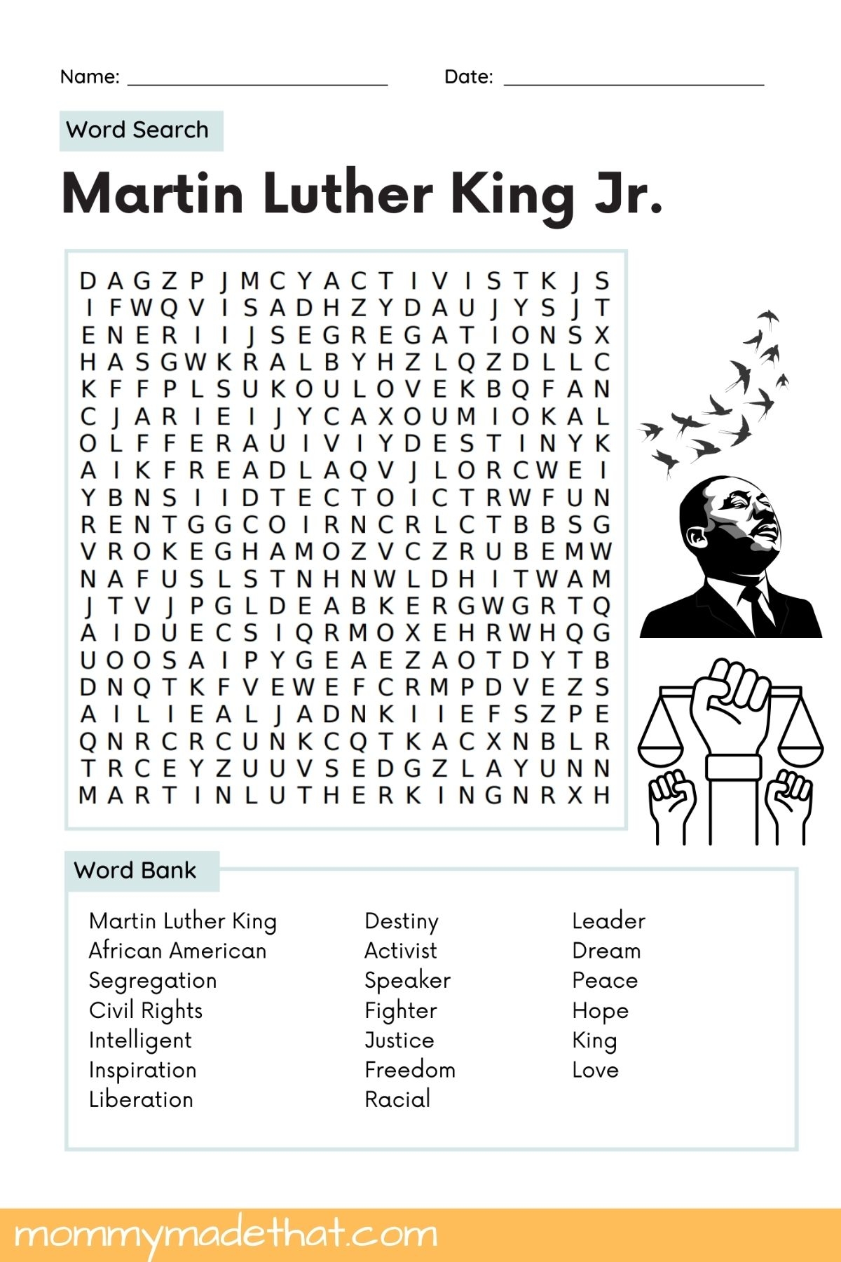 Martin Luther King Jr Word Search Free Printable Answer Key 