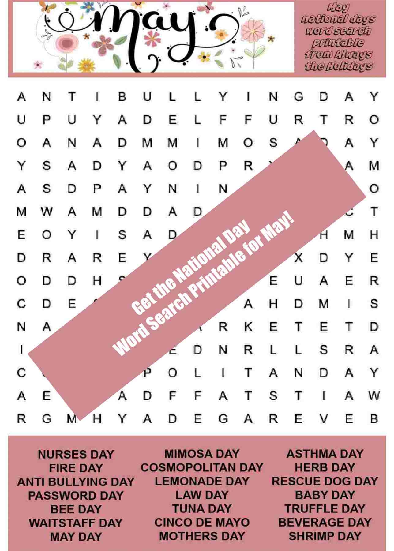 May Word Search Printable National Days Word Find Puzzle