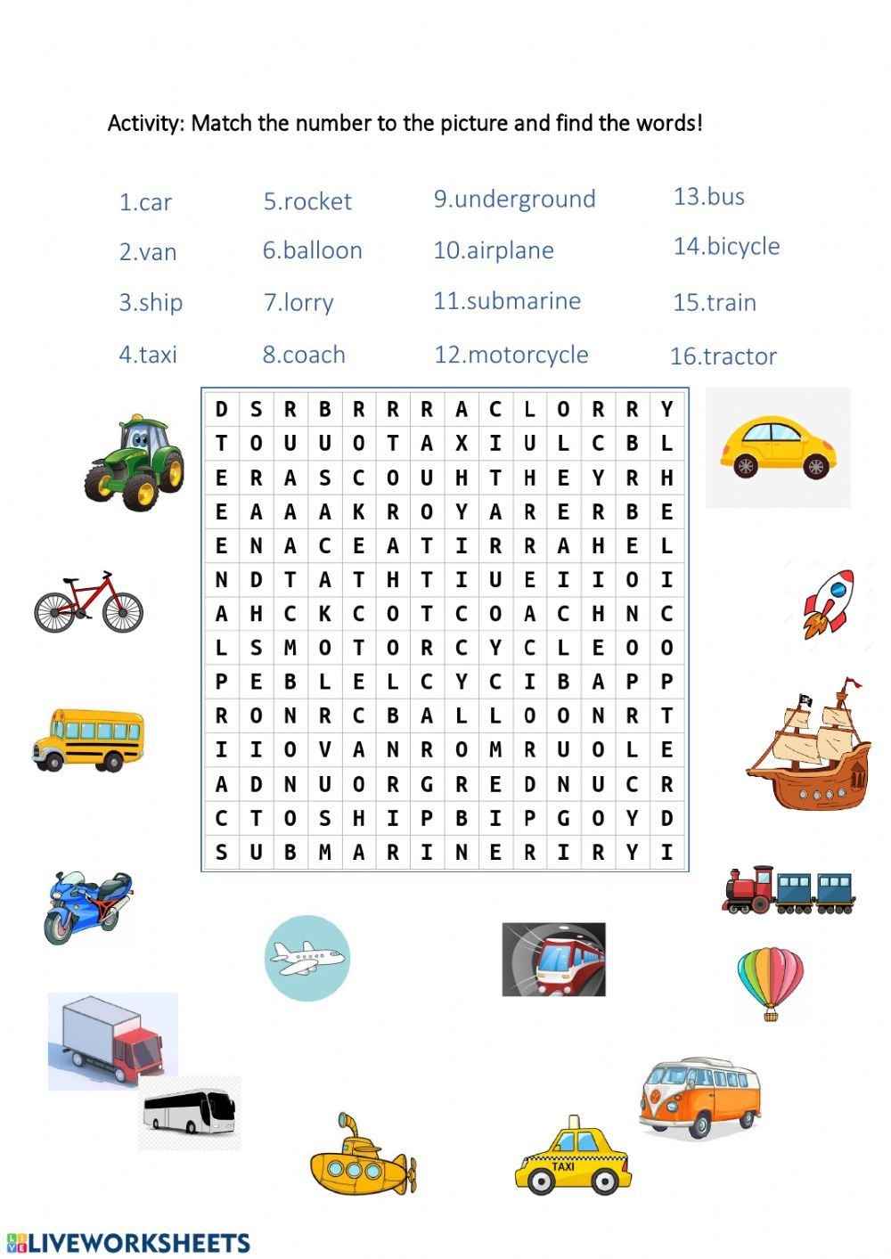 means of transport word search