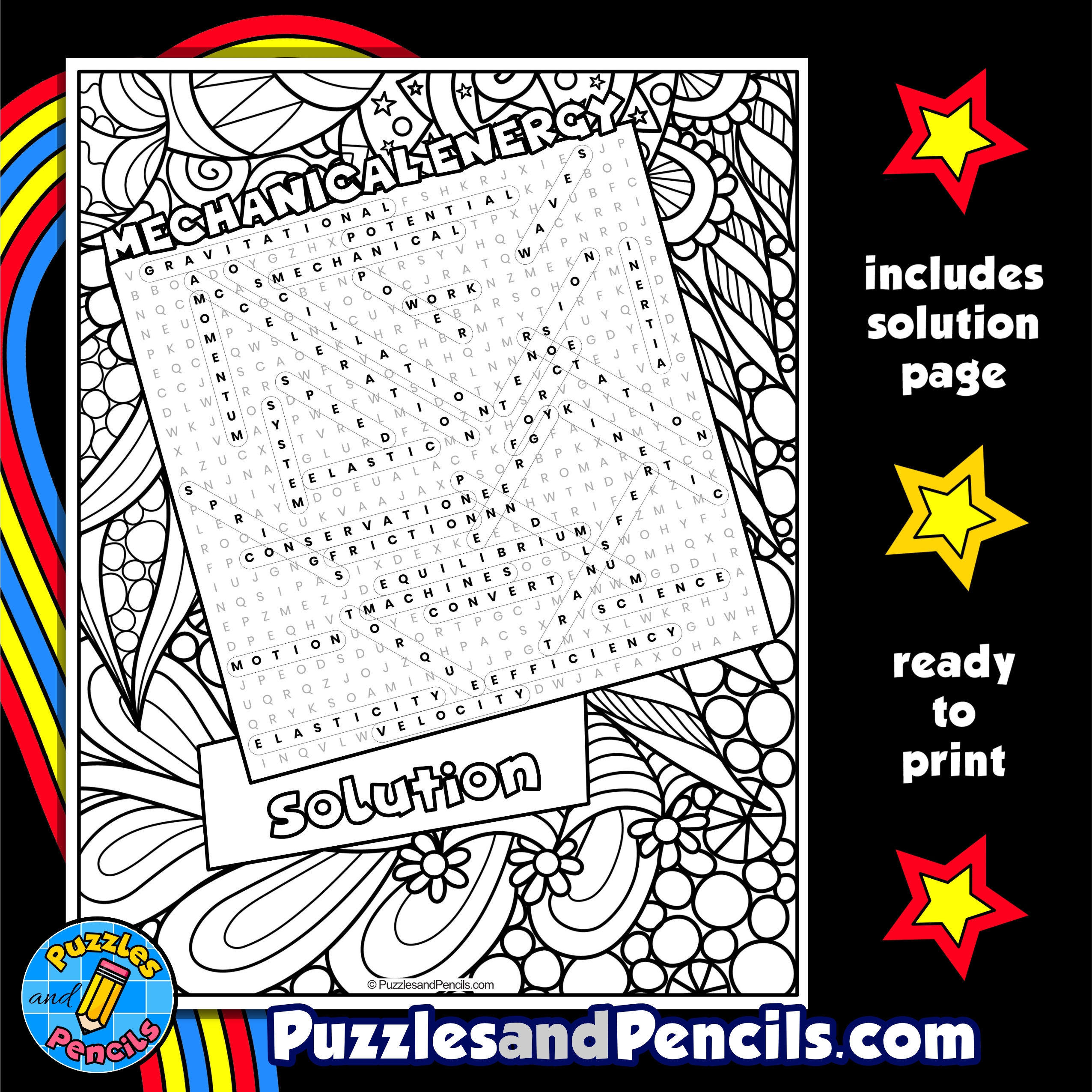 Mechanical Energy Word Search Puzzle With Coloring Made By Teachers