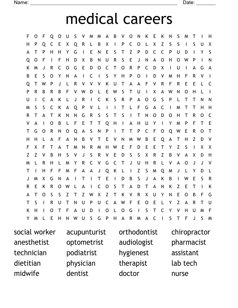 Medical Careers Word Search WordMint
