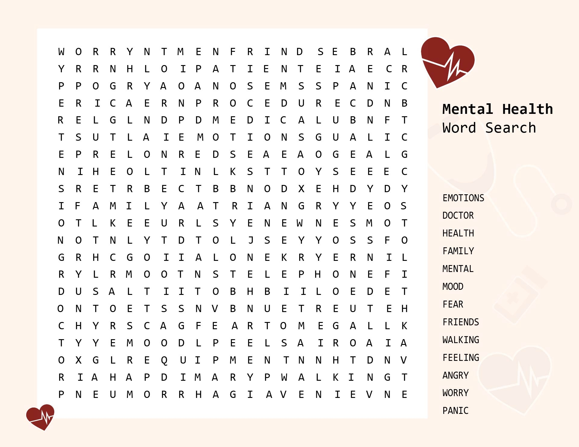Free Printable Mental Health Word Search