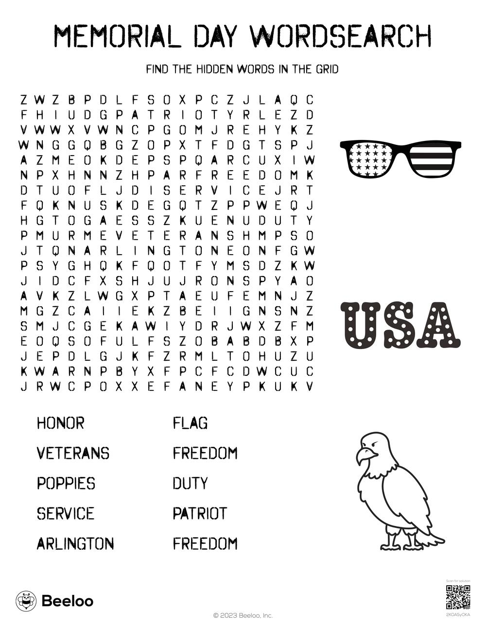 Memorial Day themed Word Searches Beeloo Printable Crafts And Activities For Kids