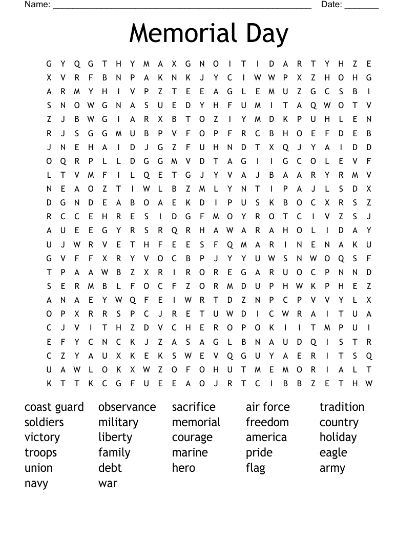 Memorial Day Word Search WordMint