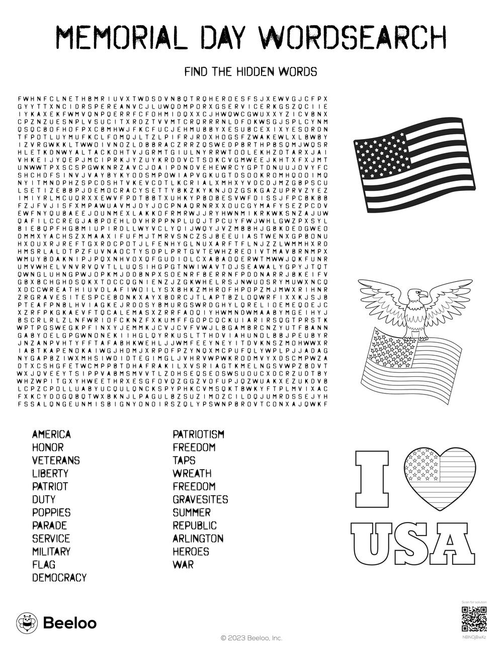 Memorial Day Wordsearch Beeloo Printable Crafts And Activities For Kids