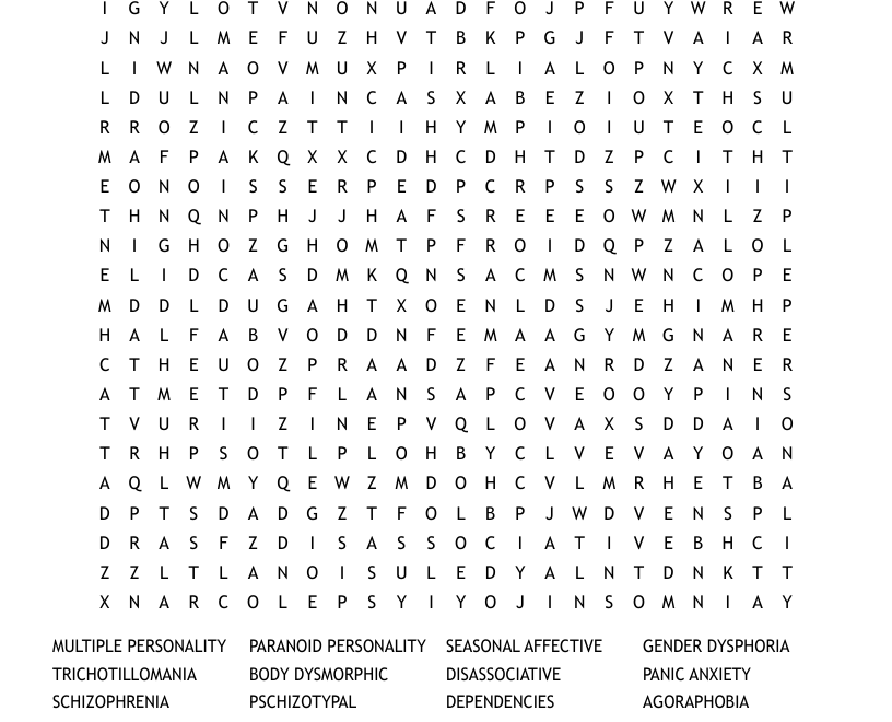 MENTAL DISORDERS Word Search WordMint