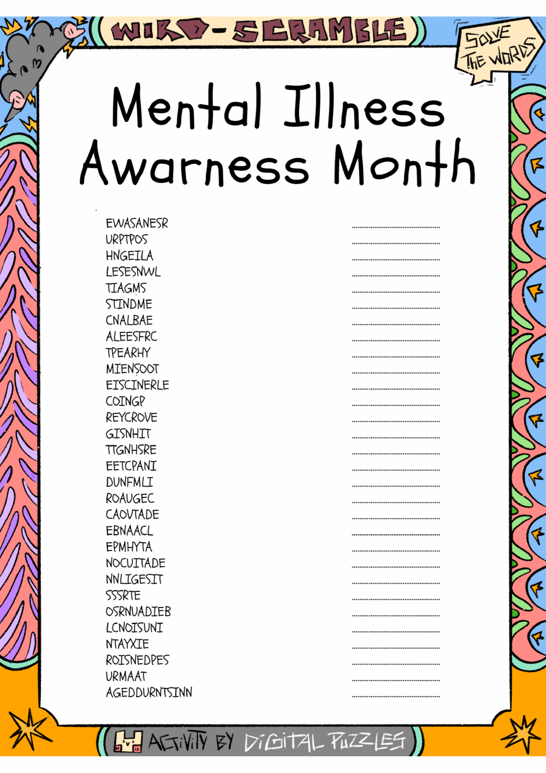 Mental Illness Awarness Month Word Scramble Puzzle Worksheet Activities Made By Teachers