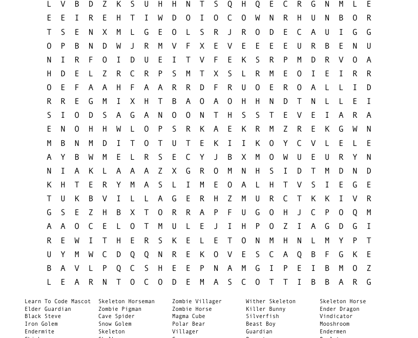 Minecraft Mobs Word Search WordMint
