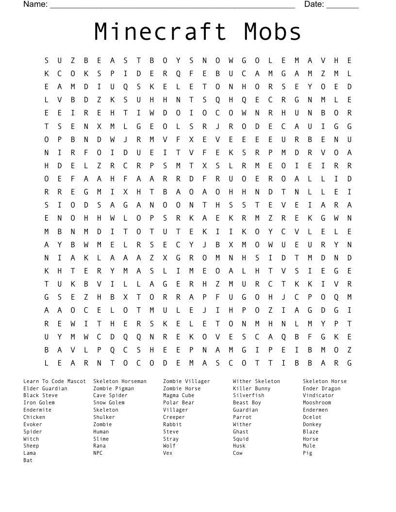 Minecraft Mobs Word Search WordMint