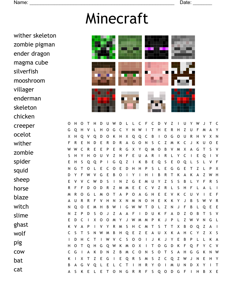 Minecraft Mobs Word Search WordMint