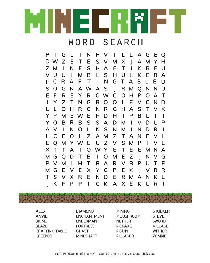 Minecraft Word Search Fun Loving Families