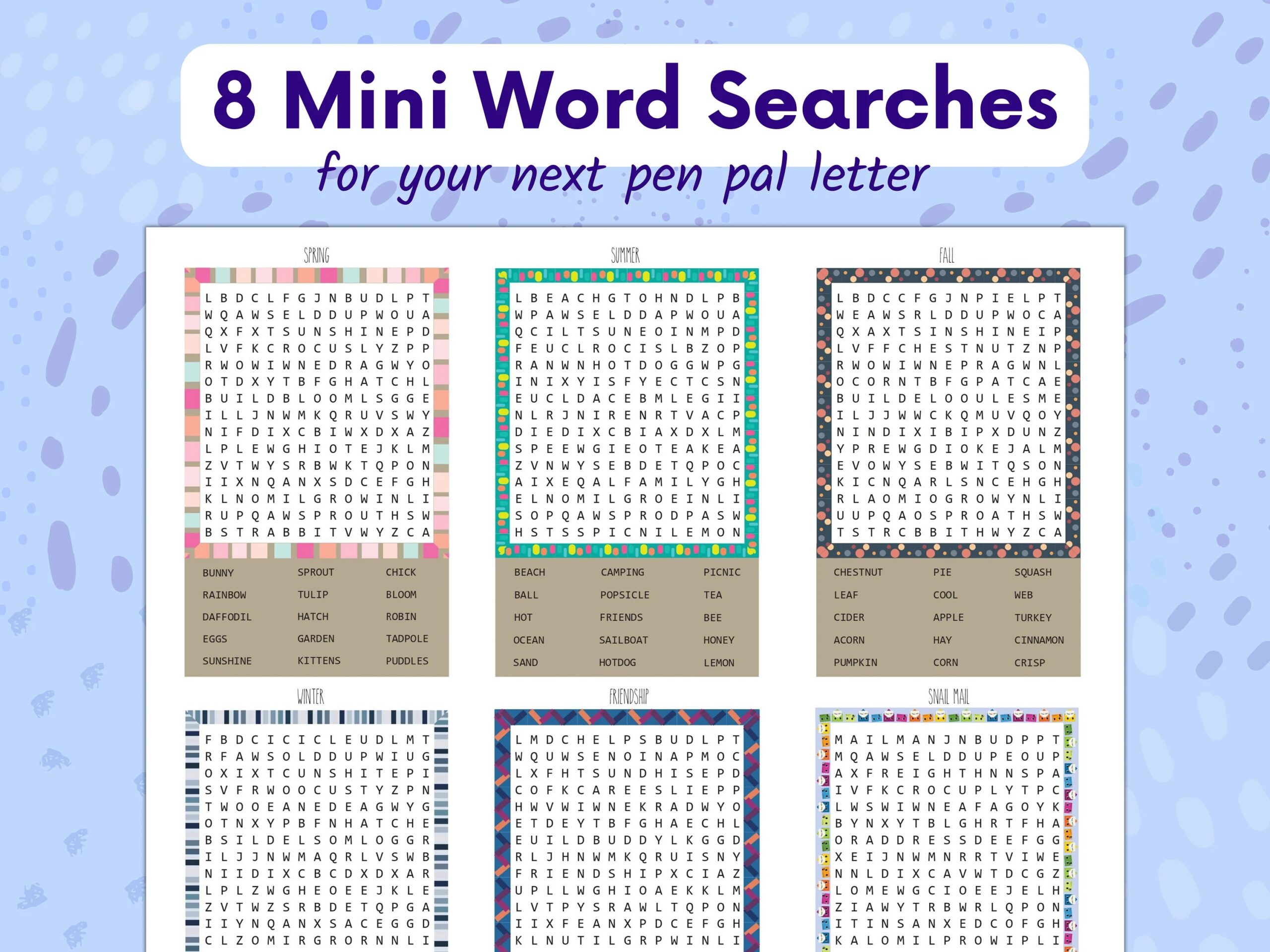 Mini Word Searches Printable Pocket Word Searches For Snail Mail Etsy