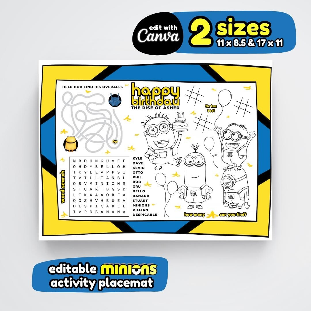 Minions Themed Activity Page Editable Instant Download Minion Party Favors Movie Placemat Coloring Sheet Birthday Activity For Kids Etsy