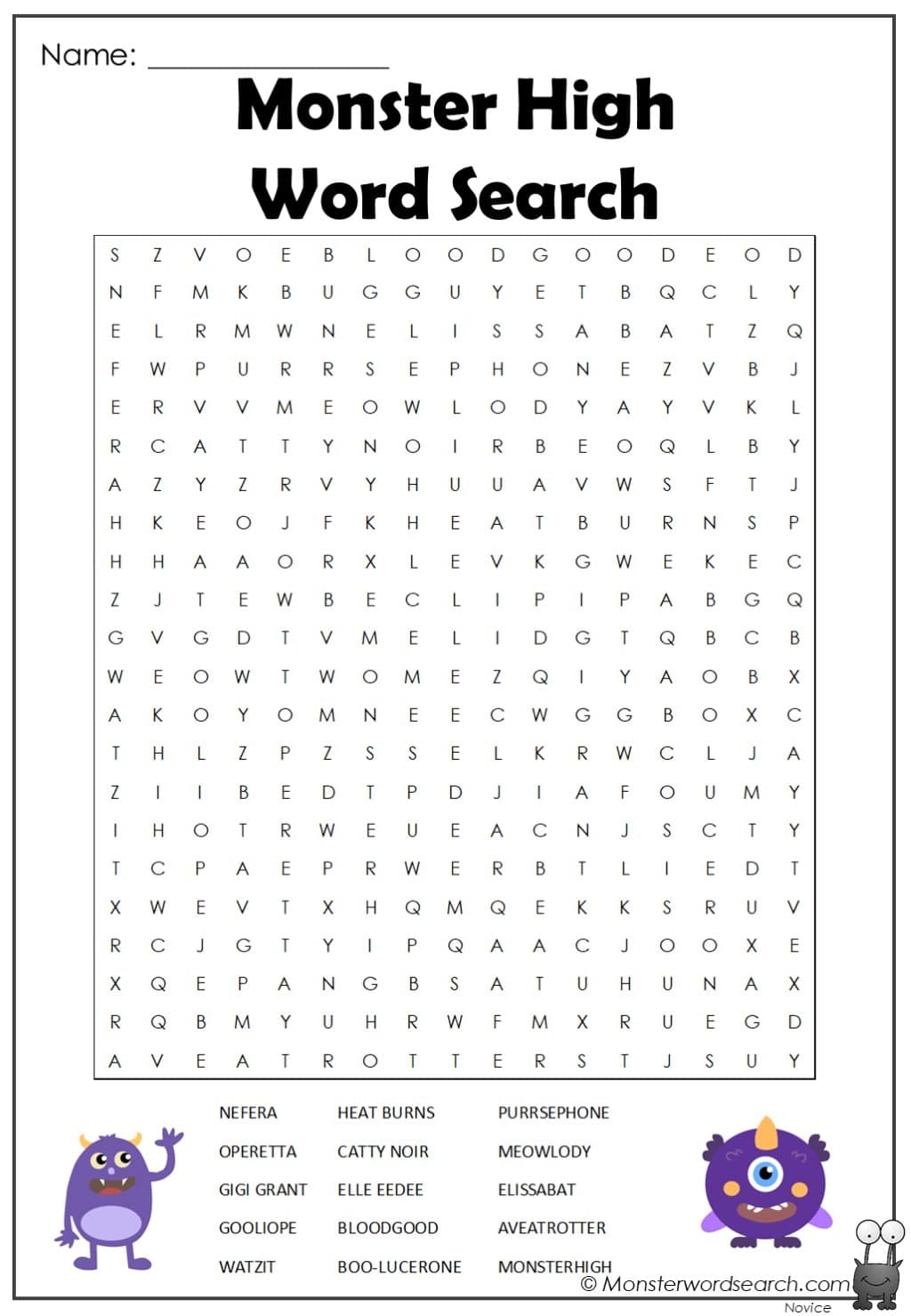monster high word search monster word search