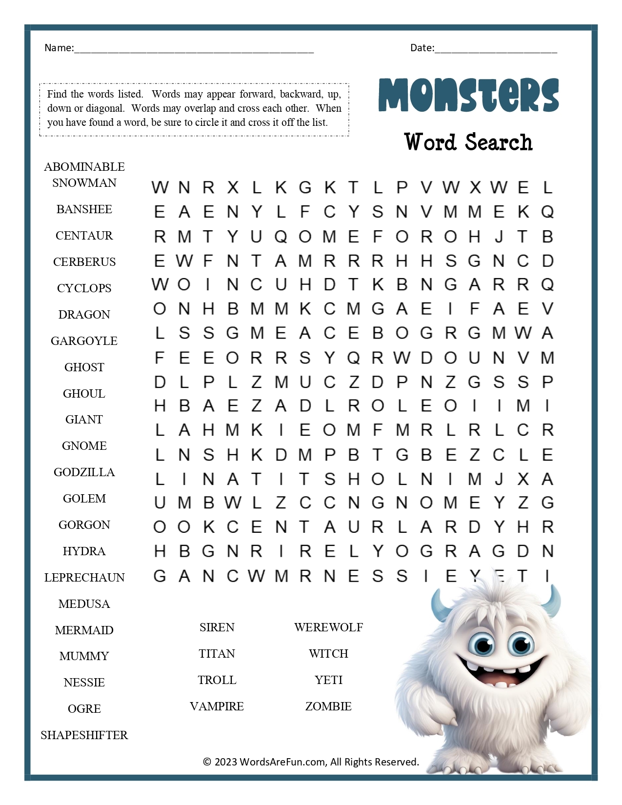 Free Printable Mythical Animals Word Search