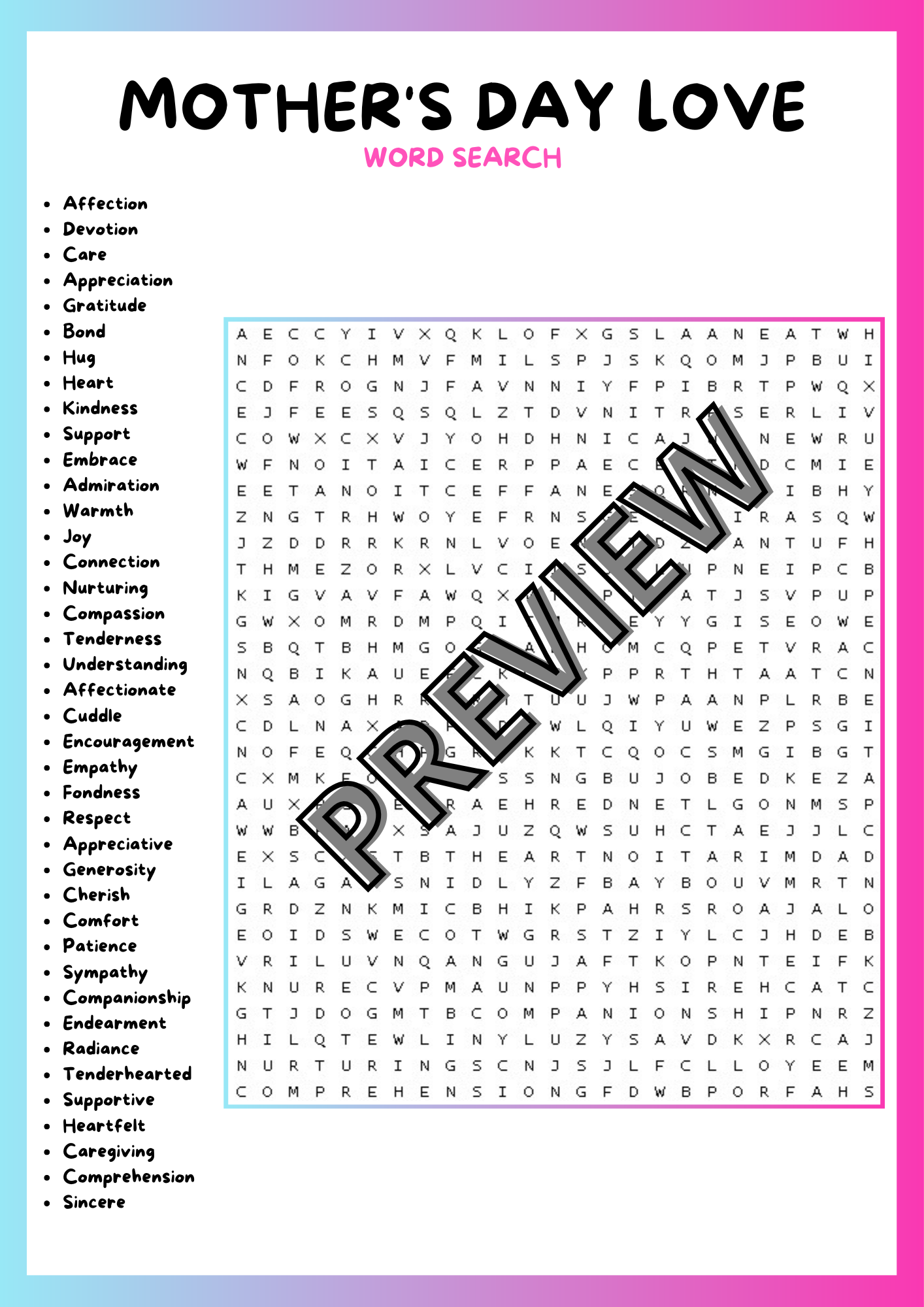 Word Search About Love Printable