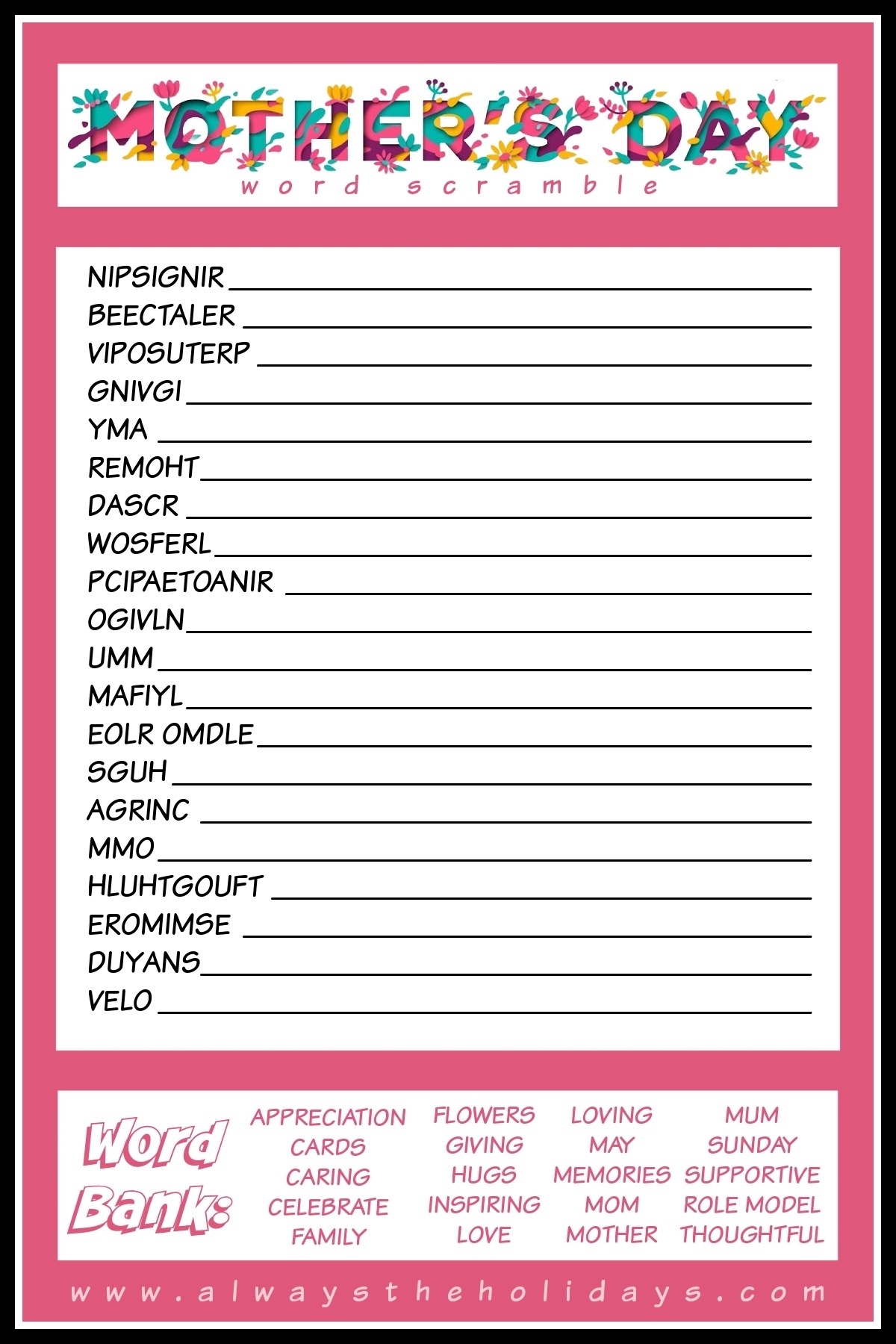 Mother s Day Word Scramble Puzzle Free Mother s Day Printable