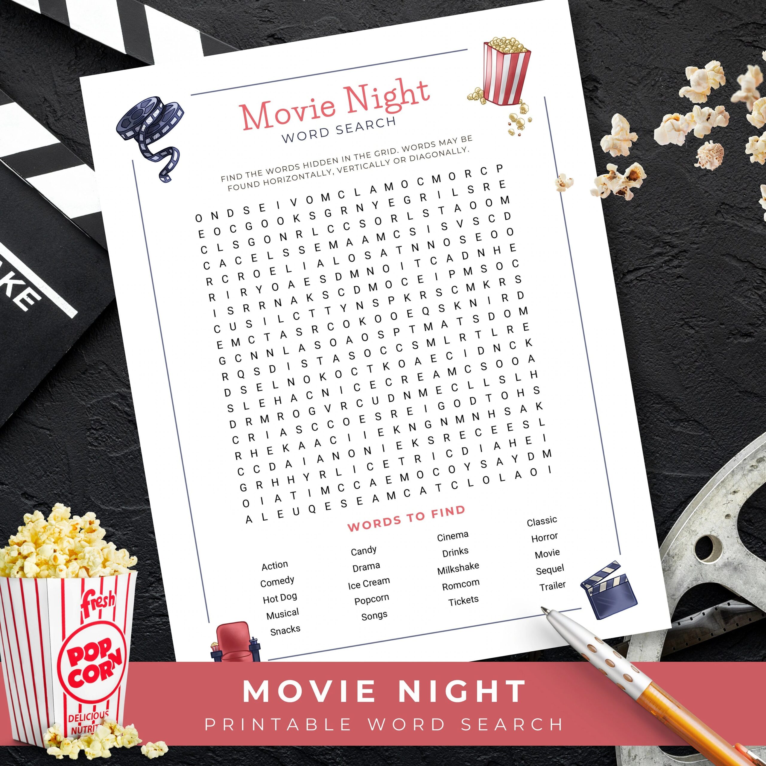 Movie Night Word Search Movie Party Printable Game Cinema Puzzle Movie Birthday Gift Movie Lovers Film Lover Gifts Instant Download Etsy