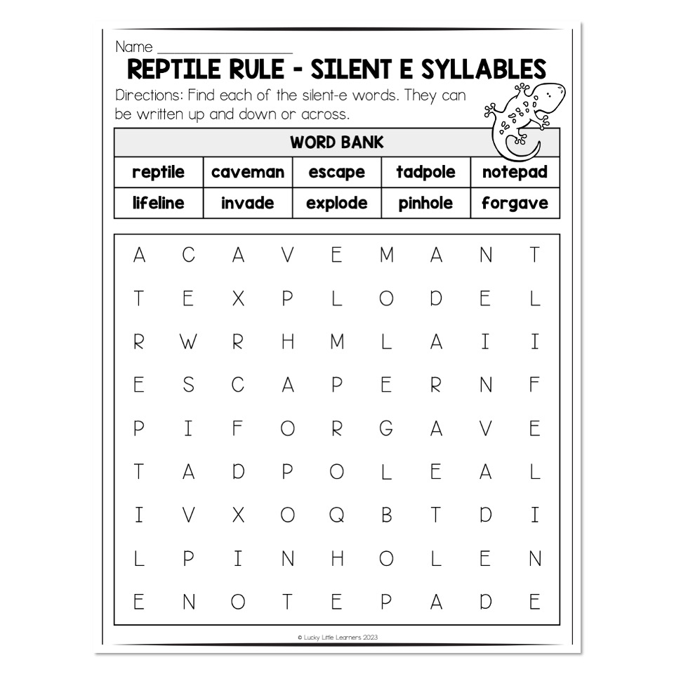 Multisyllable Words Book Reptile Rule Silent E Syllables Word Search Lucky Little Learners