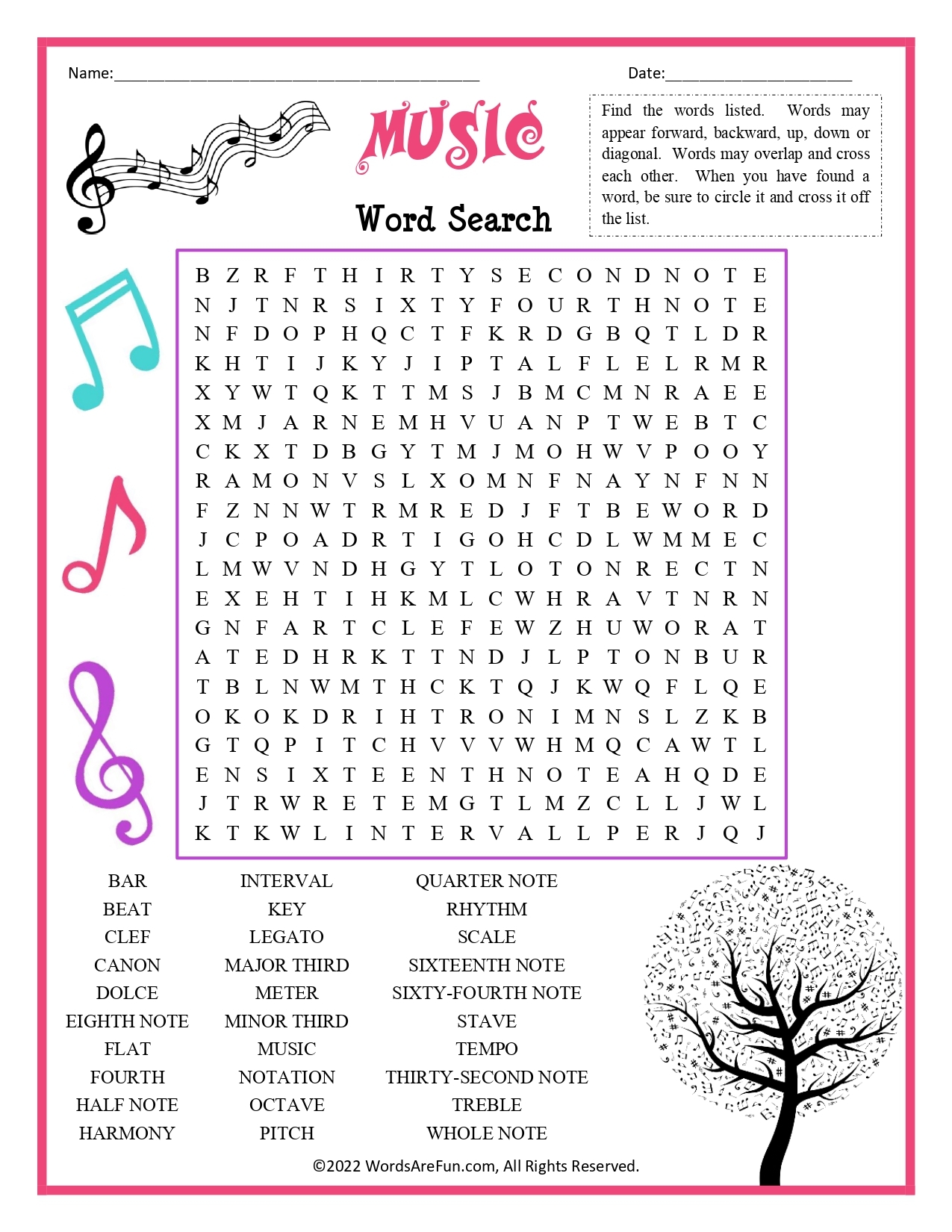 Free Printable Word Search Music