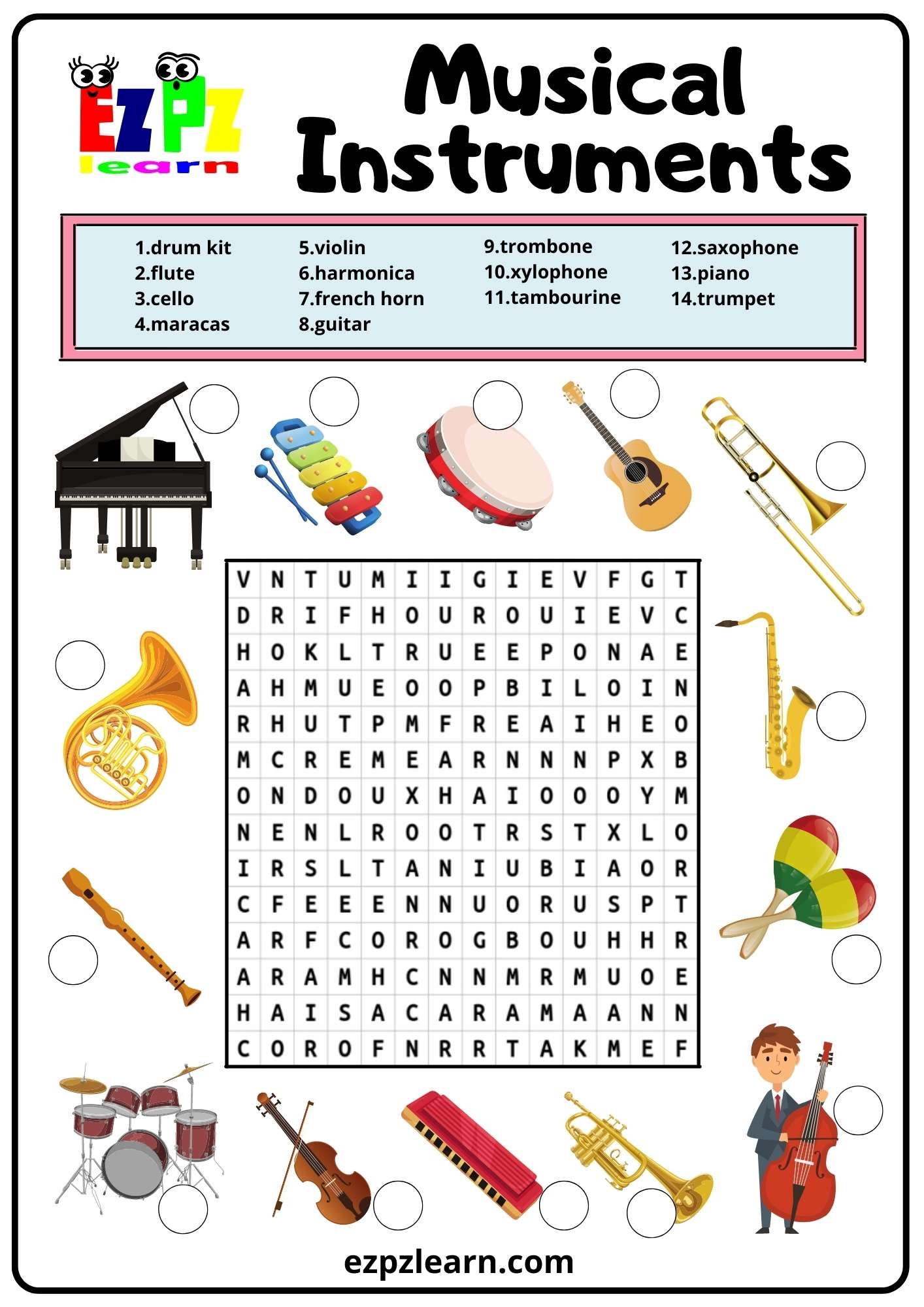 Musical Instruments Word Search 2 Ezpzlearn