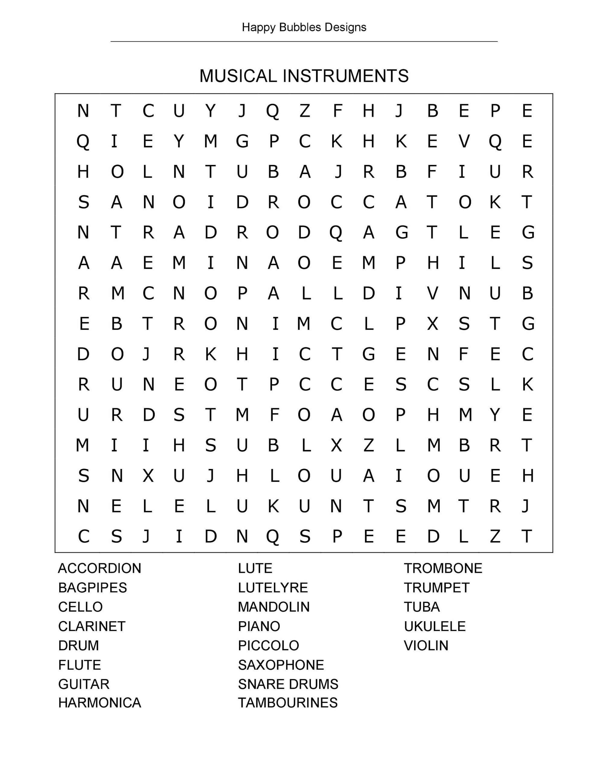 Musical Instruments Word Search Puzzle In Large Print Etsy