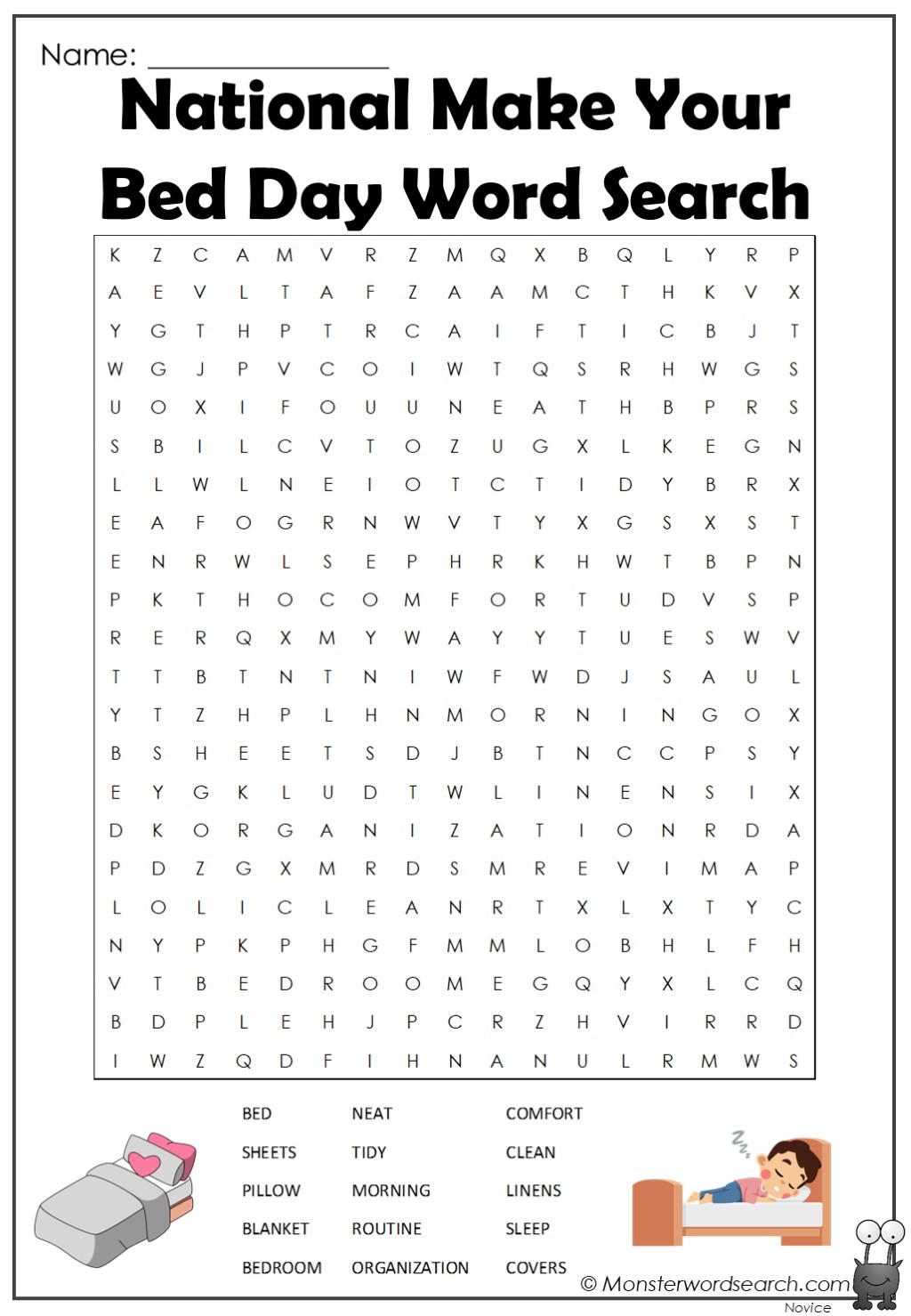 National Make Your Bed Day Word Search Monster Word Search Worksheets Library