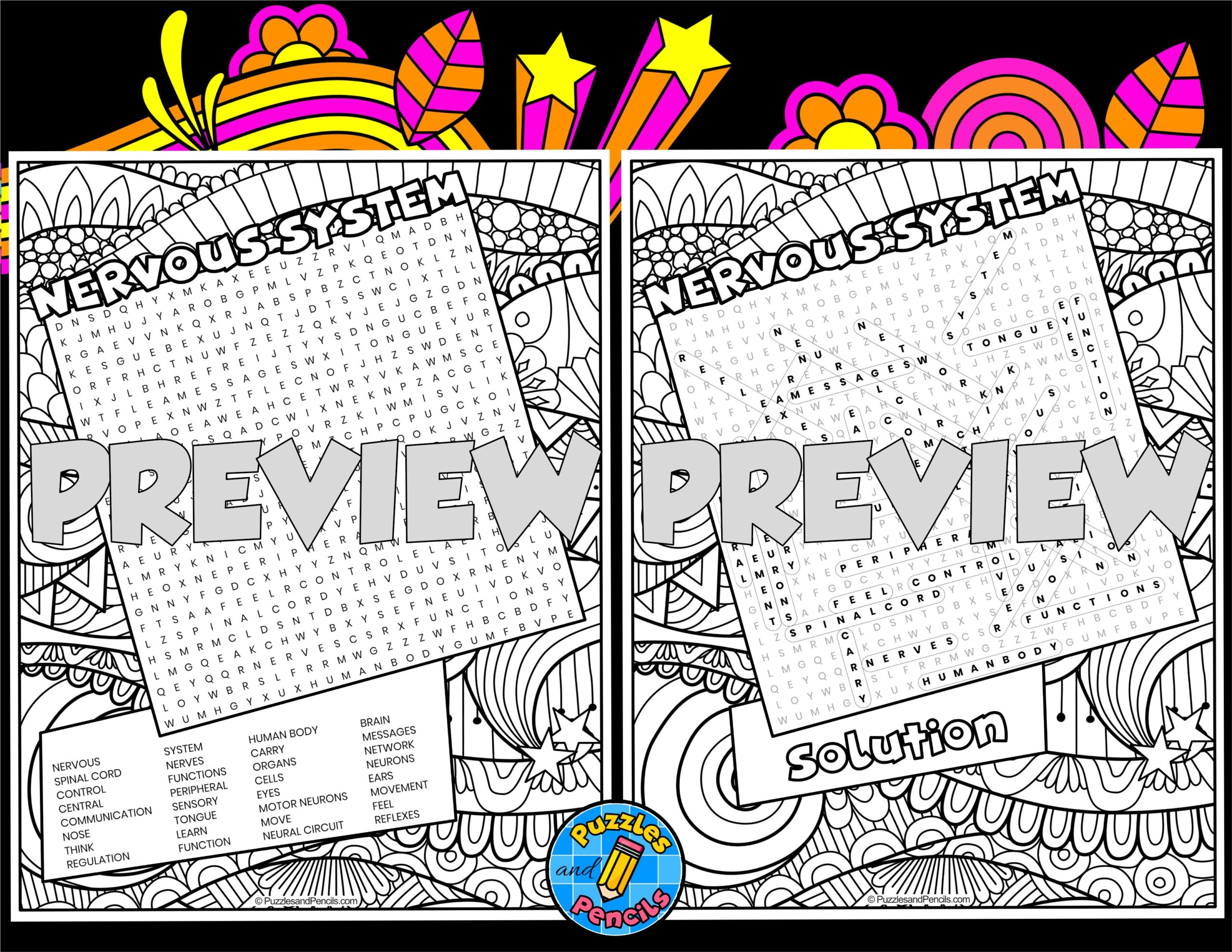 Nervous System Word Search Puzzle With Colouring Human Body Systems Wordsearch Teaching Resources