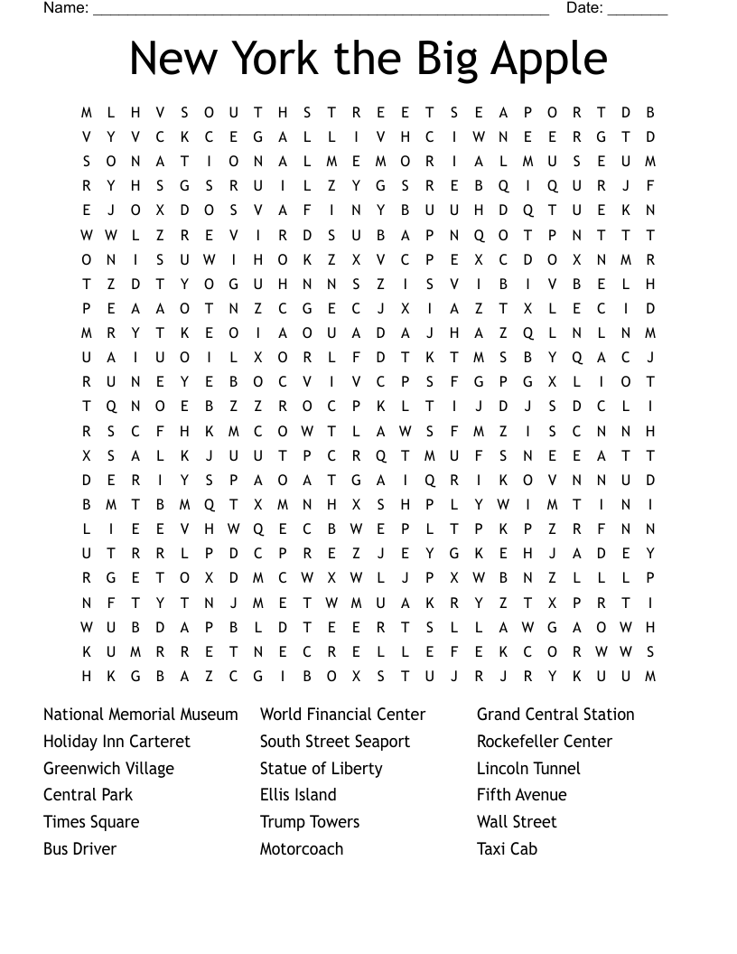 New York The Big Apple Word Search WordMint