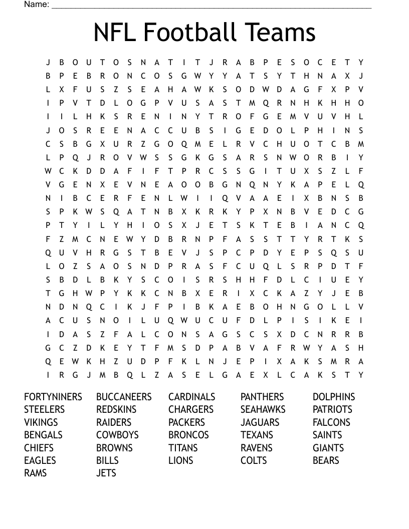 NFL Football Teams Word Search WordMint