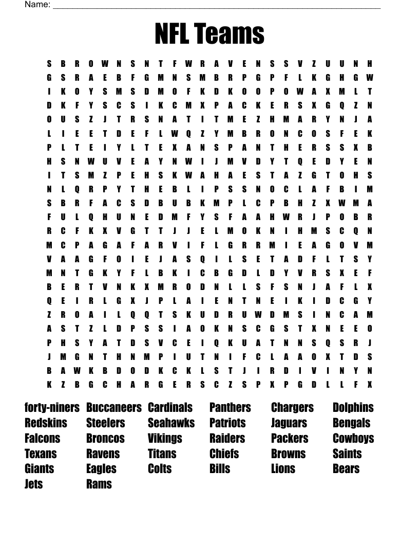 NFL Teams Word Search WordMint