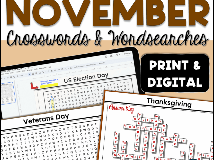 November Crossword Puzzles Word Search Print Digital Resources MS HS Classful