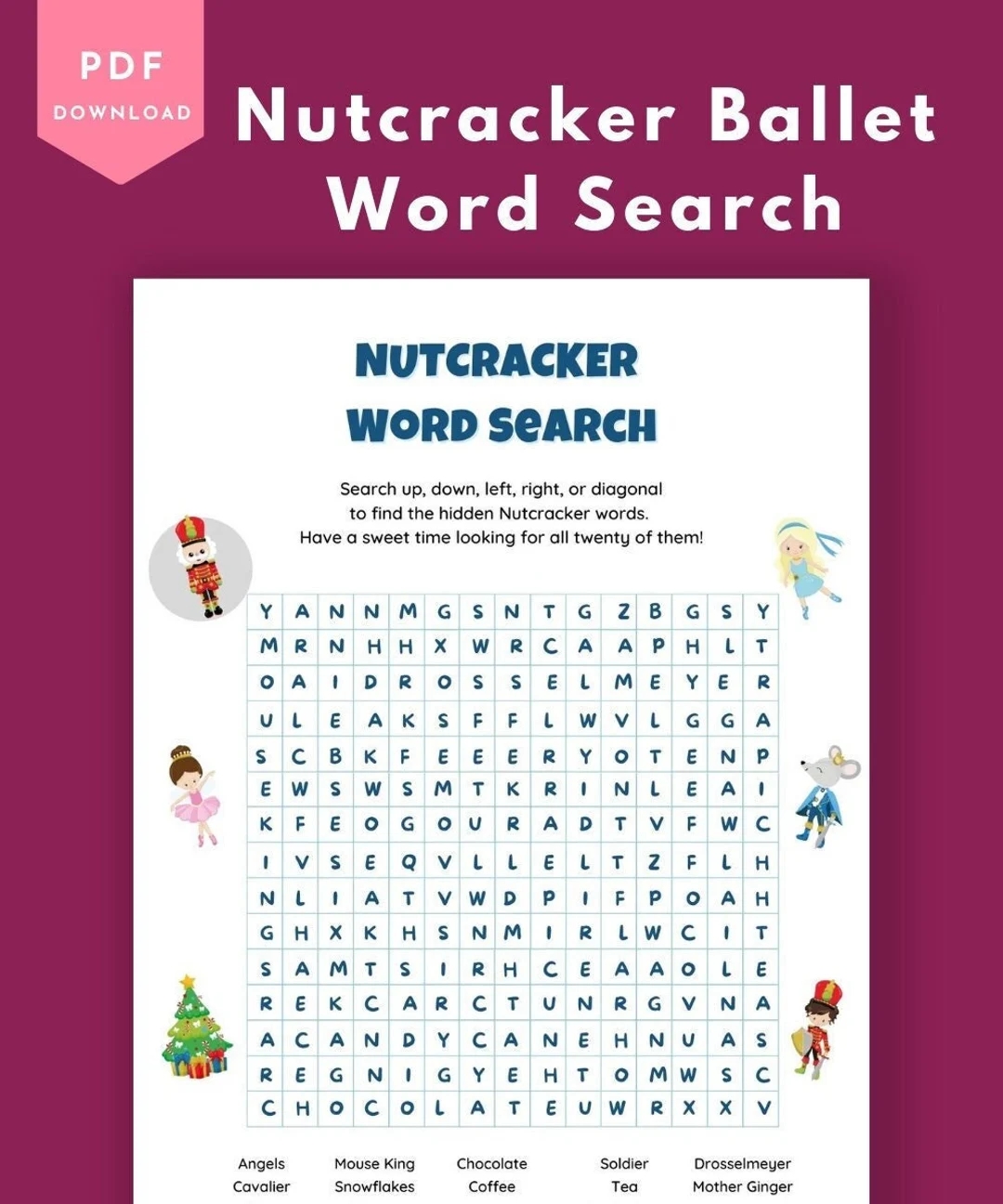Nutcracker Ballet Word Search Dance Class Printables Dance Worksheets Instant Download Etsy
